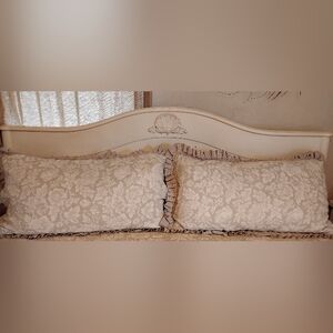 King Shams Flax Ivory Linen Botanical Floral Print French Cottage Pleat Ruffle